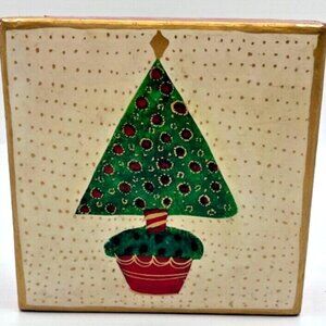 Set of 6 Handmade Christmas Tree Coasters w/ Box Lacquered Square 3.5" India